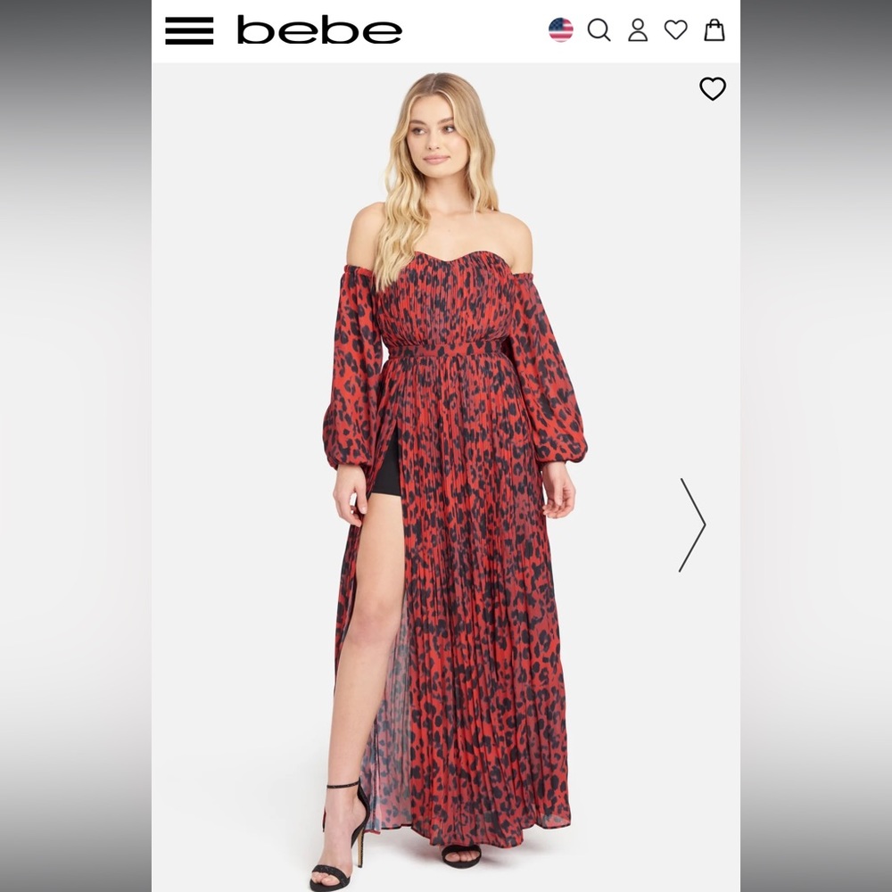 BEBE OFF THE SHOULDER FRONT SLIT MAXI DRESS